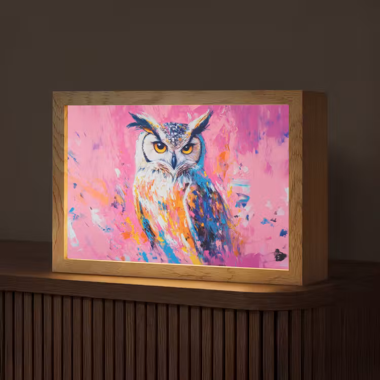 Uil - Roze - Blauw - Verf - Abstract Light Box met kabel (Tafellamp) klein -z3d_website