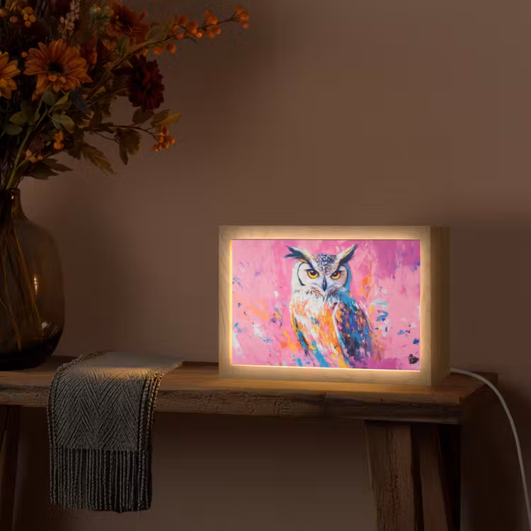 Uil - Roze - Blauw - Verf - Abstract Light Box met kabel (Tafellamp) klein -sfeer4
