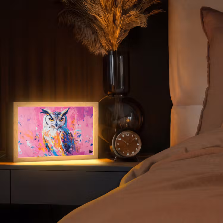 Uil - Roze - Blauw - Verf - Abstract Light Box met kabel (Tafellamp) klein -sfeer1