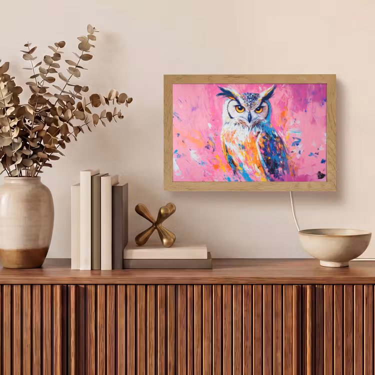 Uil - Roze - Blauw - Verf - Abstract Light Box met kabel (Tafellamp) klein -sfeer2