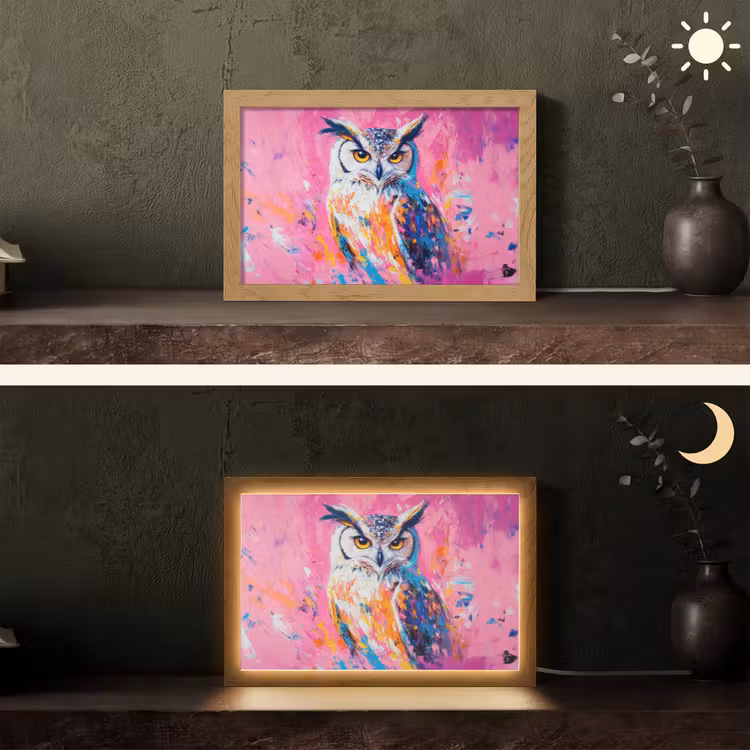Uil - Roze - Blauw - Verf - Abstract Light Box met kabel (Tafellamp) klein -sfeer3