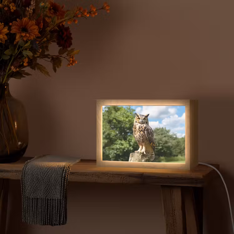 Uil - Boomstronk - Bos - Lucht Light Box met kabel (Tafellamp) klein -sfeer4