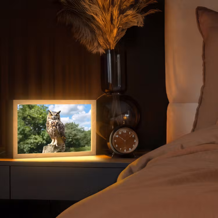 Uil - Boomstronk - Bos - Lucht Light Box met kabel (Tafellamp) klein -sfeer1