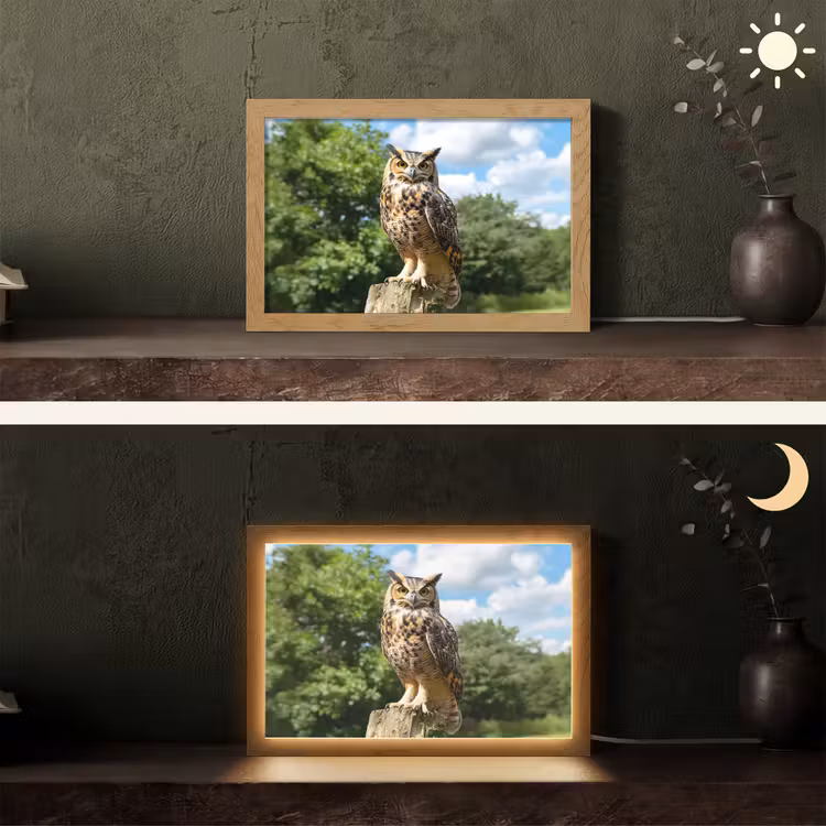 Uil - Boomstronk - Bos - Lucht Light Box met kabel (Tafellamp) klein -sfeer3