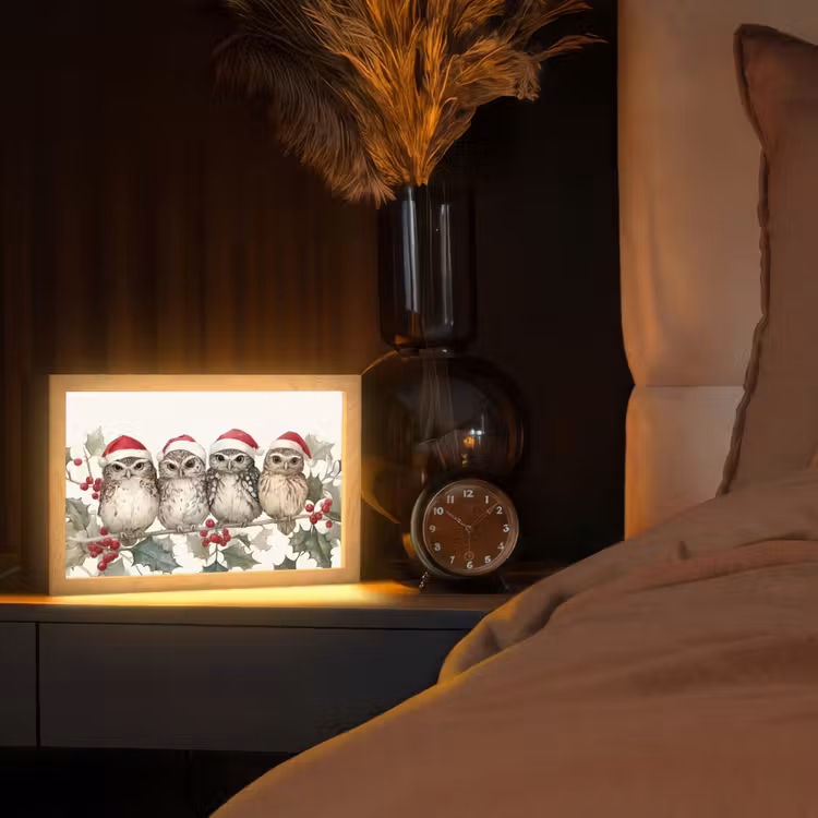 Uilen - Tak - Hulstblaadjes - Kerstmuts Light Box met kabel (Tafellamp) klein -sfeer1