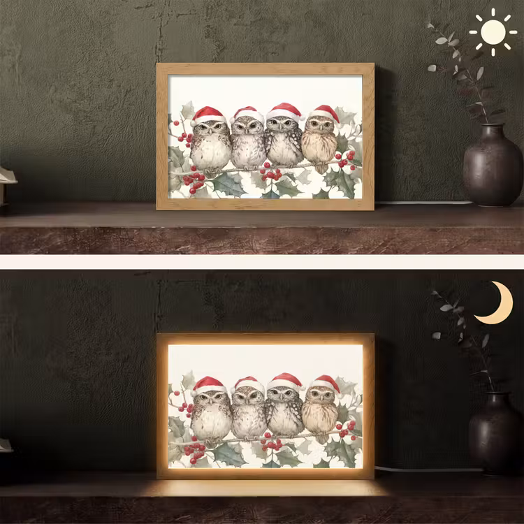 Uilen - Tak - Hulstblaadjes - Kerstmuts Light Box met kabel (Tafellamp) klein -sfeer3