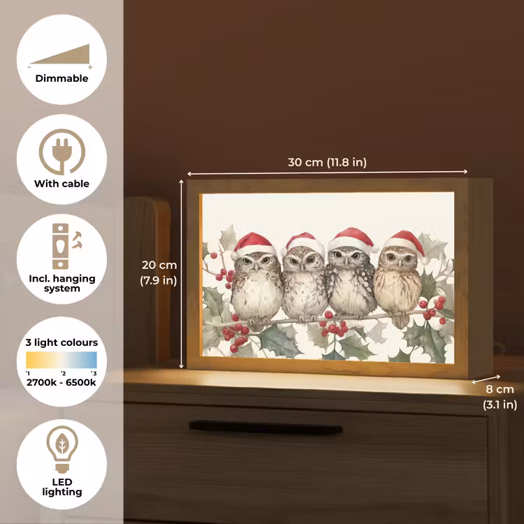 Uilen - Tak - Hulstblaadjes - Kerstmuts Light Box met kabel (Tafellamp) klein -USP_EN