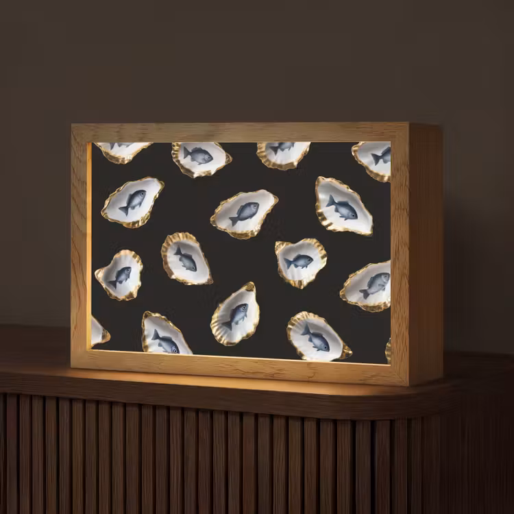 Oesters - Vissen - Blauw - Goud Light Box met kabel (Tafellamp) klein -z3d_website