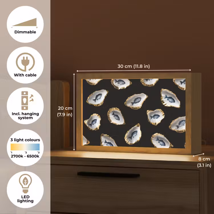 Oesters - Vissen - Blauw - Goud Light Box met kabel (Tafellamp) klein -USP_EN
