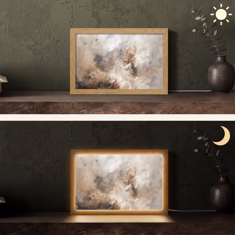 Verf - Abstract - Beige - Kunst Light Box met kabel (Tafellamp) klein -sfeer3