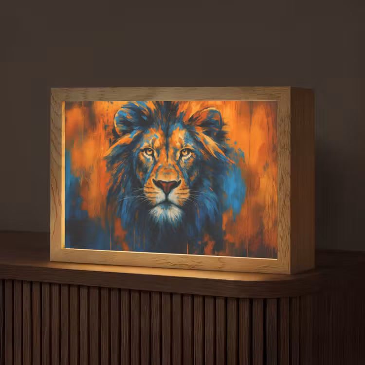 Schilderij - Leeuwenkop - Oranje Light Box met kabel (Tafellamp) klein -z3d_website