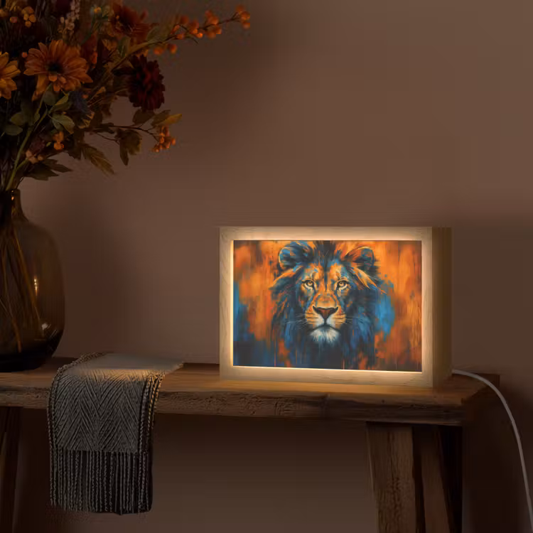 Schilderij - Leeuwenkop - Oranje Light Box met kabel (Tafellamp) klein -sfeer4