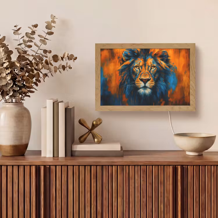 Schilderij - Leeuwenkop - Oranje Light Box met kabel (Tafellamp) klein -sfeer2