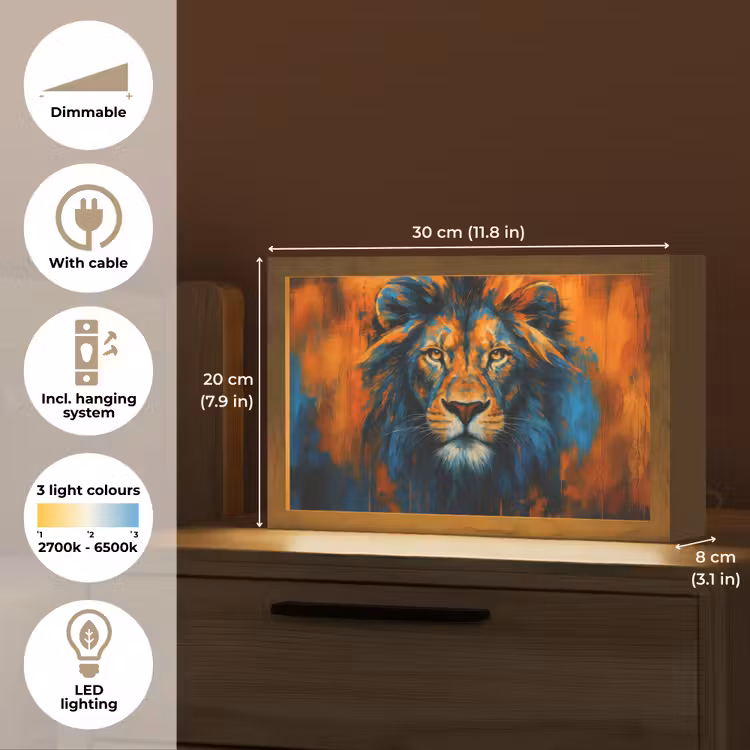 Schilderij - Leeuwenkop - Oranje Light Box met kabel (Tafellamp) klein -USP_EN