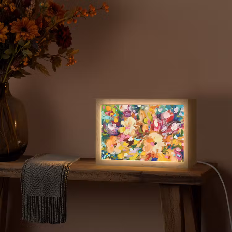 Schilderij - Olieverf - Bloemen - Regenboog Light Box met kabel (Tafellamp) klein -sfeer4