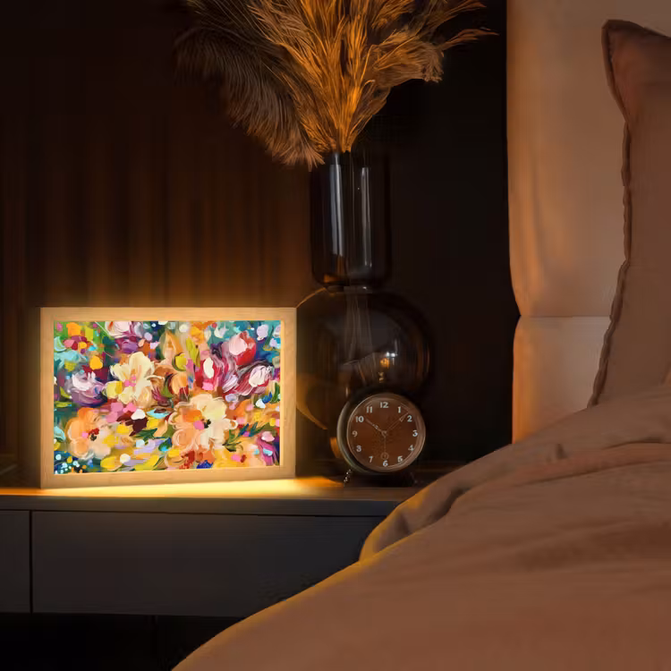 Schilderij - Olieverf - Bloemen - Regenboog Light Box met kabel (Tafellamp) klein -sfeer1