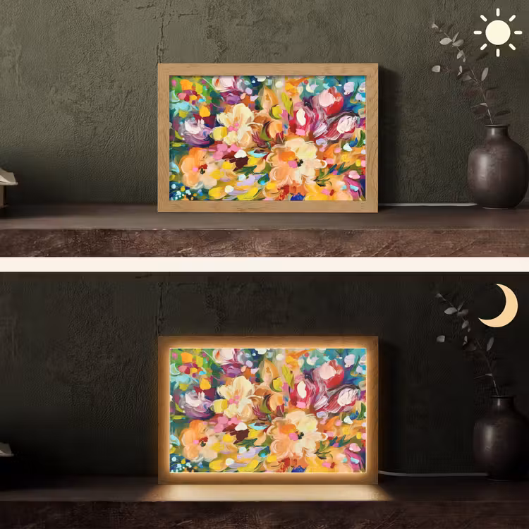 Schilderij - Olieverf - Bloemen - Regenboog Light Box met kabel (Tafellamp) klein -sfeer3