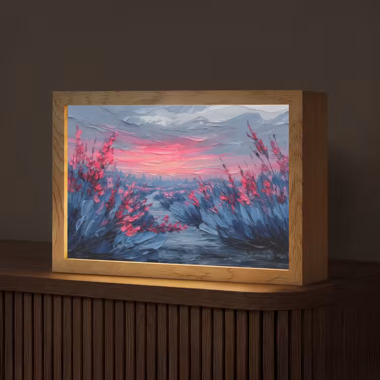Schilderij - Zonsondergang - Bloemen - Rivier Light Box met kabel (Tafellamp) klein -z3d_website