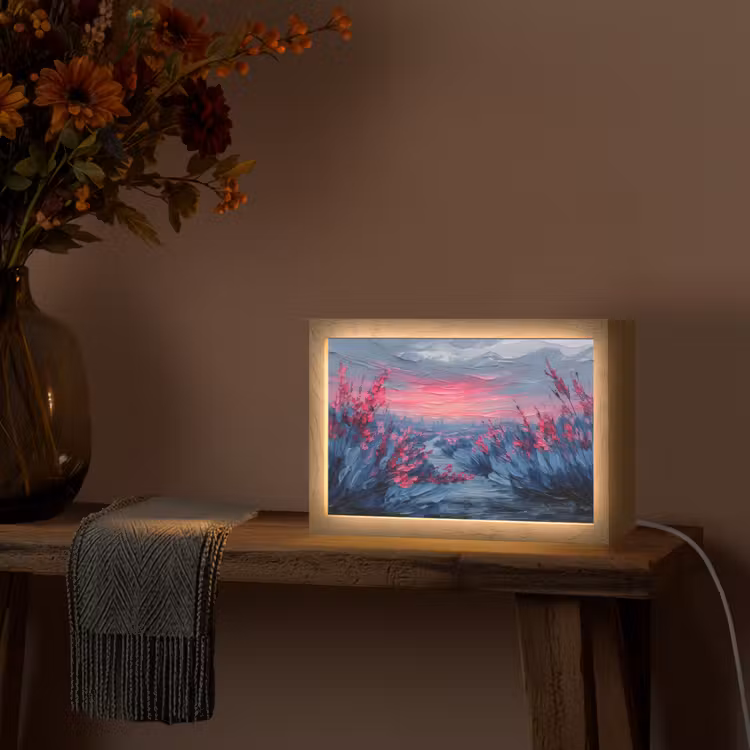 Schilderij - Zonsondergang - Bloemen - Rivier Light Box met kabel (Tafellamp) klein -sfeer4