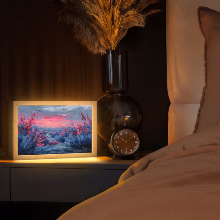 Schilderij - Zonsondergang - Bloemen - Rivier Light Box met kabel (Tafellamp) klein -sfeer1
