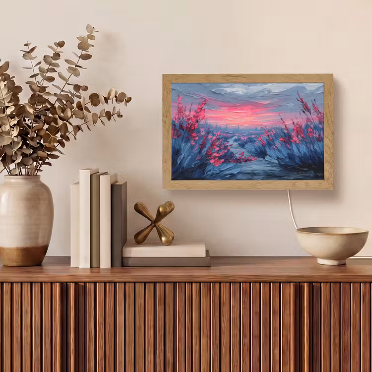 Schilderij - Zonsondergang - Bloemen - Rivier Light Box met kabel (Tafellamp) klein -sfeer2