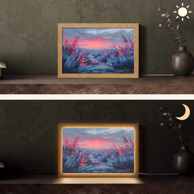 Schilderij - Zonsondergang - Bloemen - Rivier Light Box met kabel (Tafellamp) klein -sfeer3