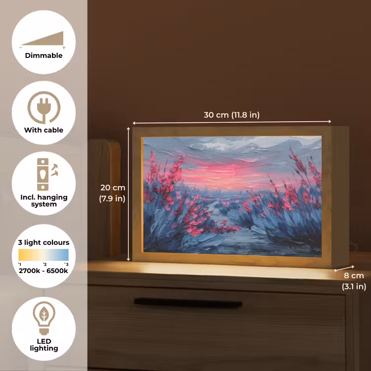 Schilderij - Zonsondergang - Bloemen - Rivier Light Box met kabel (Tafellamp) klein -USP_EN