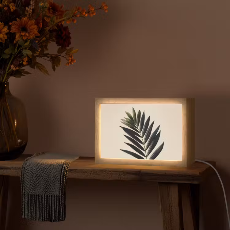 Palmblad - Donkere bladen - Subtiel Light Box met kabel (Tafellamp) klein -sfeer4
