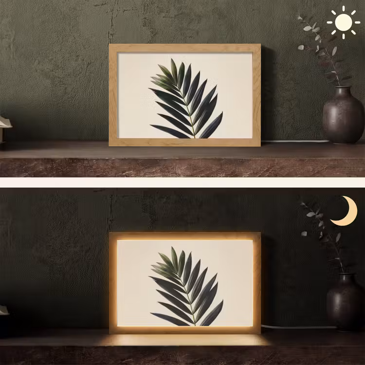 Palmblad - Donkere bladen - Subtiel Light Box met kabel (Tafellamp) klein -sfeer3