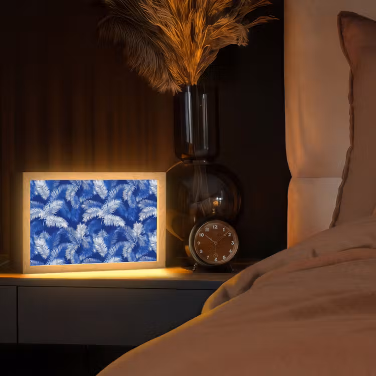Palmblad - Patroon - Blauw Light Box met kabel (Tafellamp) klein 924 -sfeer1
