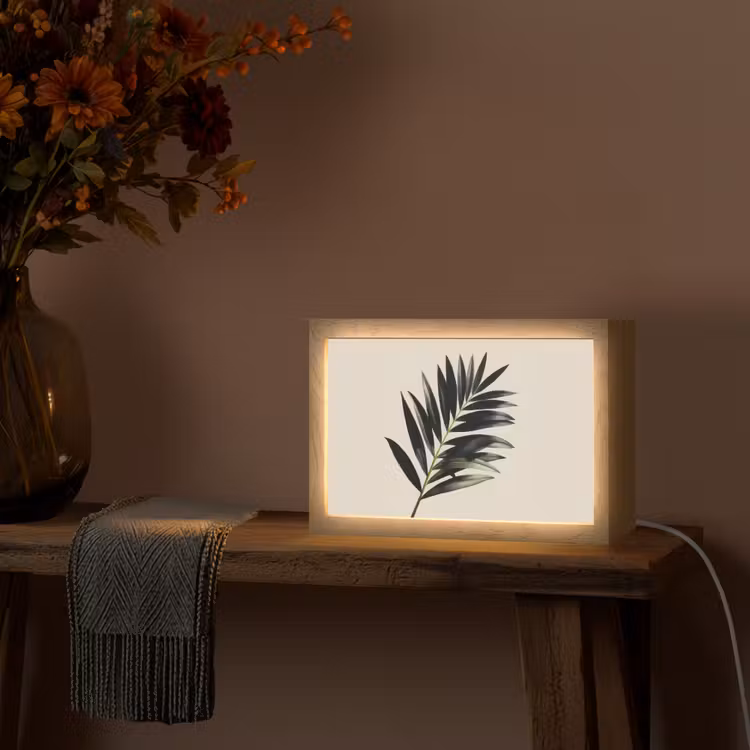 Palmblad - Subtiel - Groen - beige Light Box met kabel (Tafellamp) klein -sfeer4