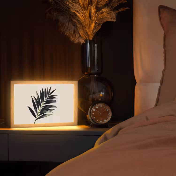 Palmblad - Subtiel - Groen - beige Light Box met kabel (Tafellamp) klein -sfeer1