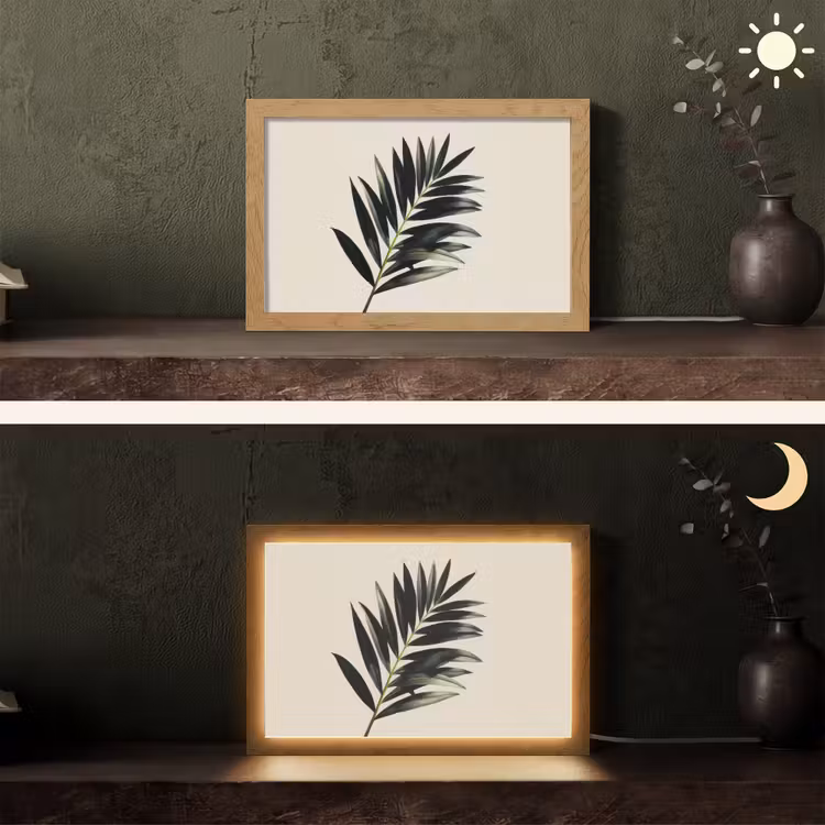 Palmblad - Subtiel - Groen - beige Light Box met kabel (Tafellamp) klein -sfeer3