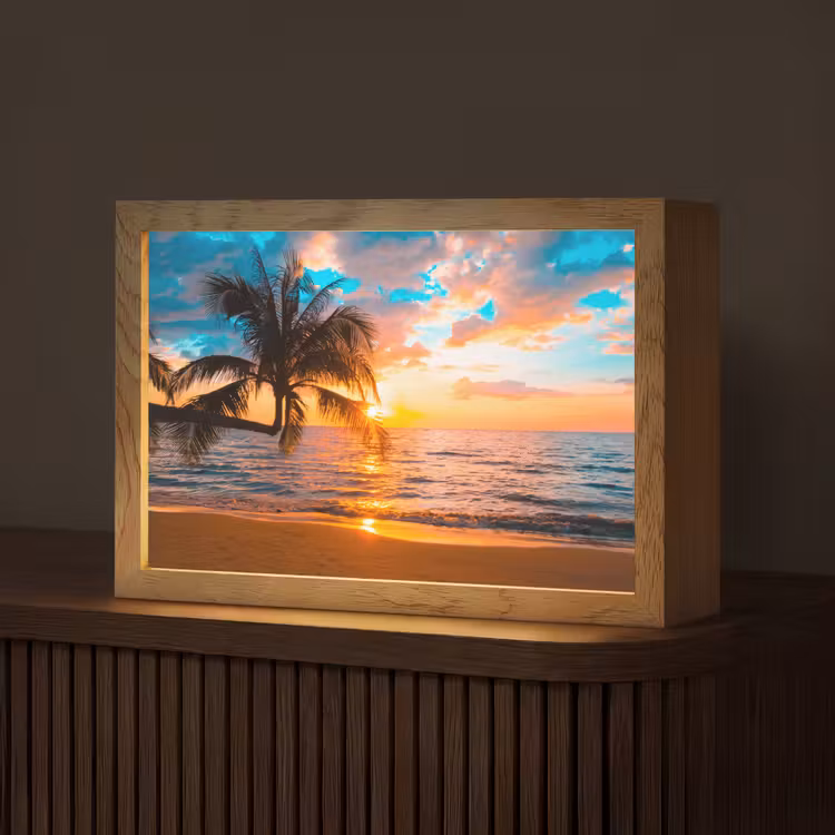 Palm - Zonsondergang - Horizon - Strand - Zee - Tropisch Light Box met kabel (Tafellamp) klein -z3d_website