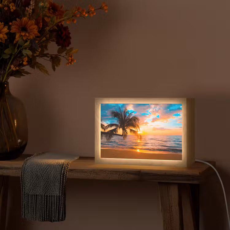 Palm - Zonsondergang - Horizon - Strand - Zee - Tropisch Light Box met kabel (Tafellamp) klein -sfeer4