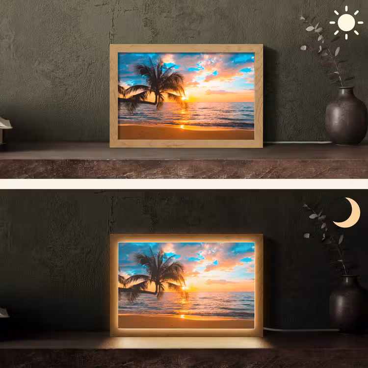Palm - Zonsondergang - Horizon - Strand - Zee - Tropisch Light Box met kabel (Tafellamp) klein -sfeer3