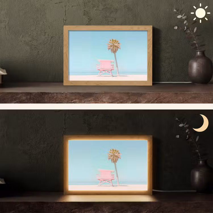 Palmboom - Strandhuis - Roze Light Box met kabel (Tafellamp) klein -sfeer3