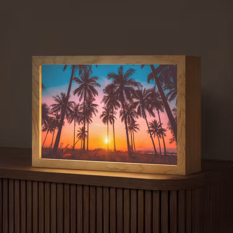 Palmboom - Zonsondergang - Horizon - Strand - Oranje - Roze Light Box met kabel (Tafellamp) klein -z3d_website