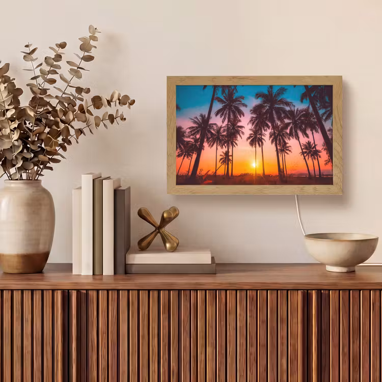 Palmboom - Zonsondergang - Horizon - Strand - Oranje - Roze Light Box met kabel (Tafellamp) klein -sfeer2