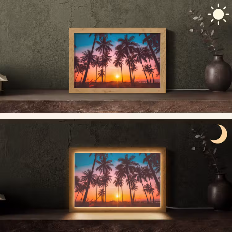 Palmboom - Zonsondergang - Horizon - Strand - Oranje - Roze Light Box met kabel (Tafellamp) klein -sfeer3