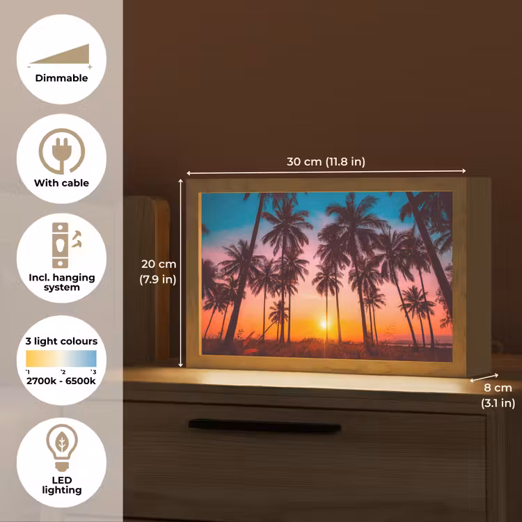 Palmboom - Zonsondergang - Horizon - Strand - Oranje - Roze Light Box met kabel (Tafellamp) klein -USP_EN