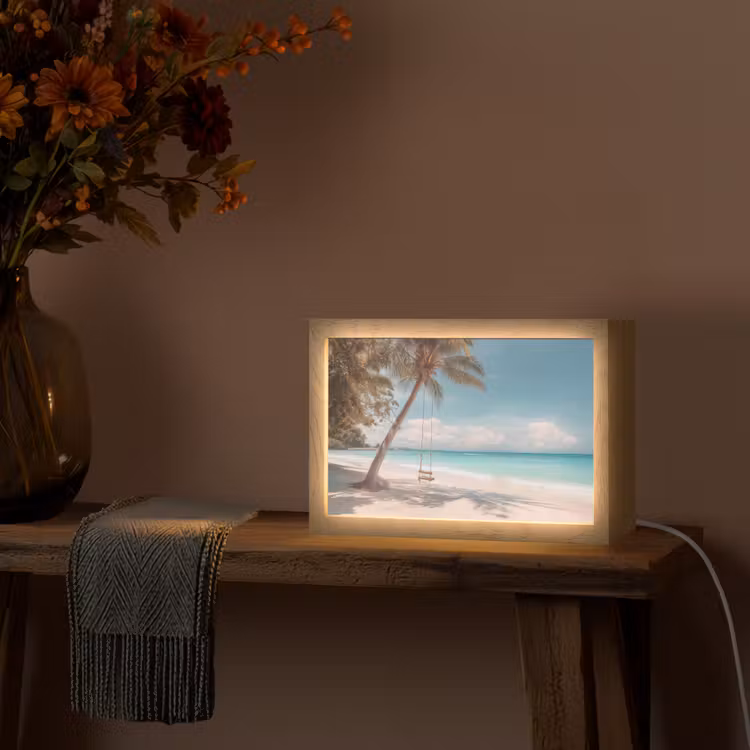 Palmboom - Schommel - Strand - Lucht Light Box met kabel (Tafellamp) klein -sfeer4