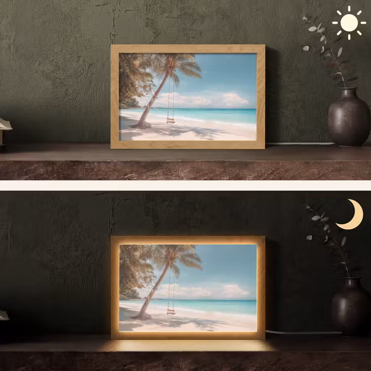 Palmboom - Schommel - Strand - Lucht Light Box met kabel (Tafellamp) klein -sfeer3