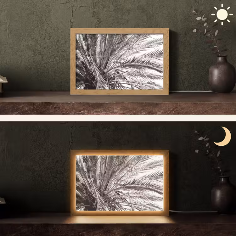 Palmboom - Tropisch - Zwart - Wit Light Box met kabel (Tafellamp) klein -sfeer3