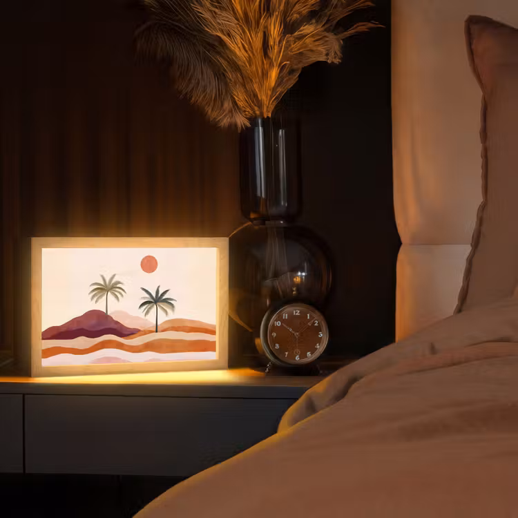 Palmbomen - Abstract - Zon - Heuvels Light Box met kabel (Tafellamp) klein -sfeer1
