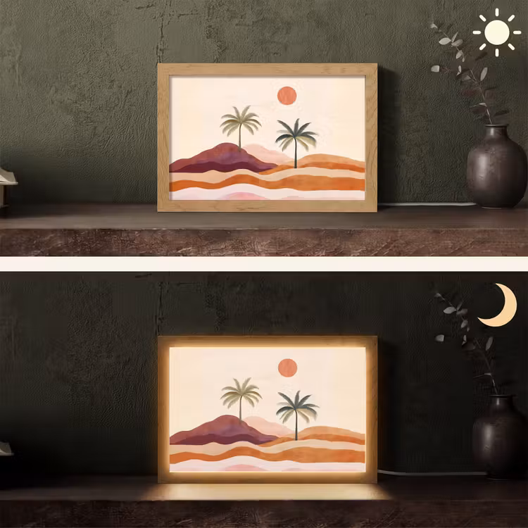 Palmbomen - Abstract - Zon - Heuvels Light Box met kabel (Tafellamp) klein -sfeer3