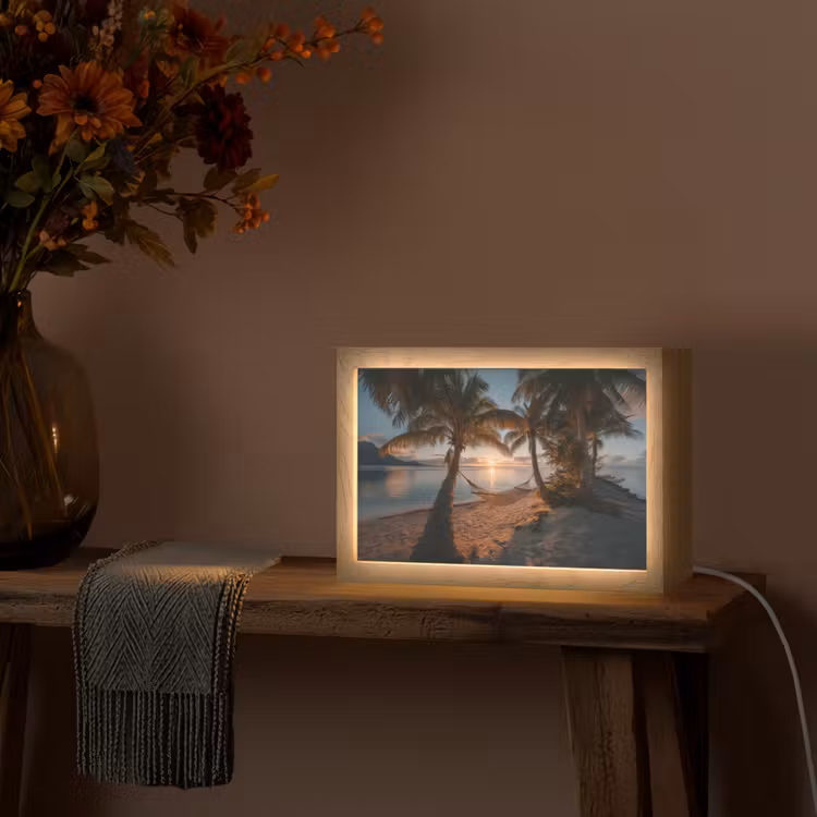 Palmbomen - Hangmat - Strand - Zonsondergang Light Box met kabel (Tafellamp) klein -sfeer4