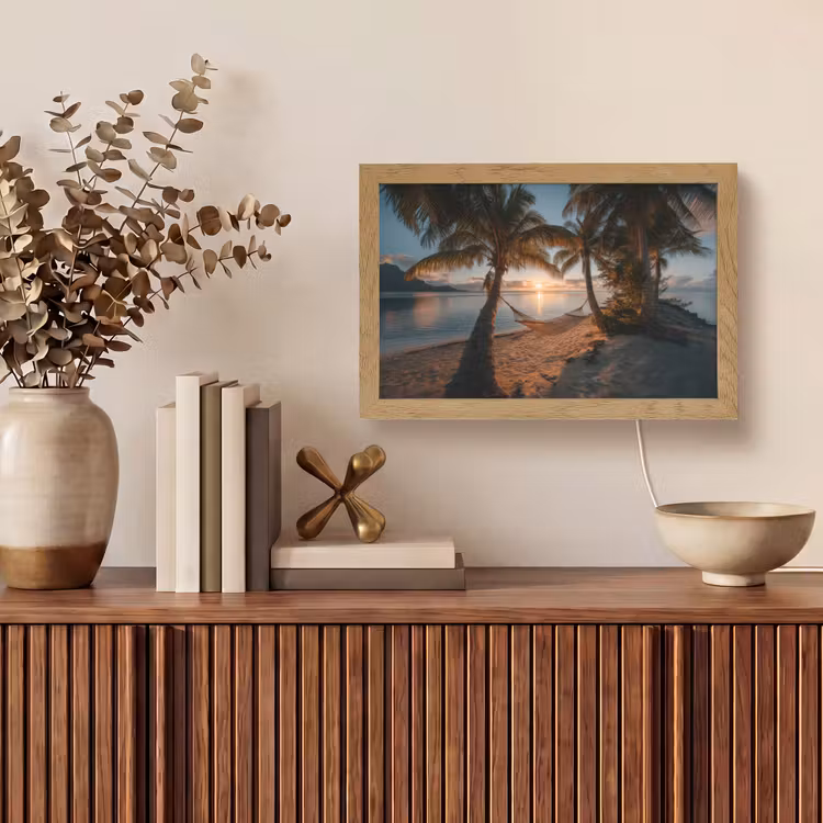Palmbomen - Hangmat - Strand - Zonsondergang Light Box met kabel (Tafellamp) klein -sfeer2