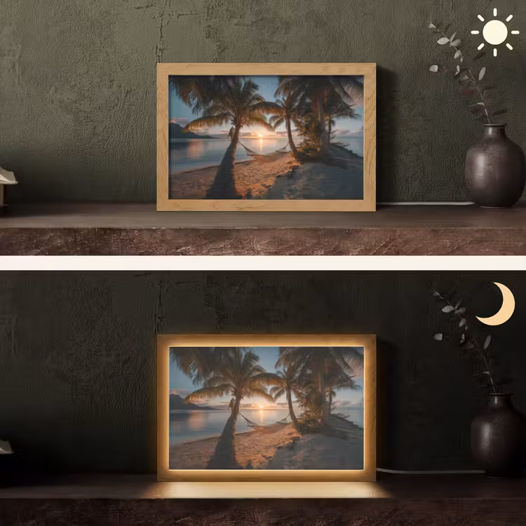 Palmbomen - Hangmat - Strand - Zonsondergang Light Box met kabel (Tafellamp) klein -sfeer3