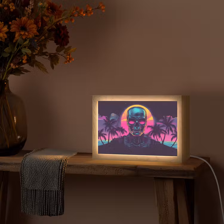 Palmbomen - Hoofd - Metallic - Zonsondergang Light Box met kabel (Tafellamp) klein -sfeer4